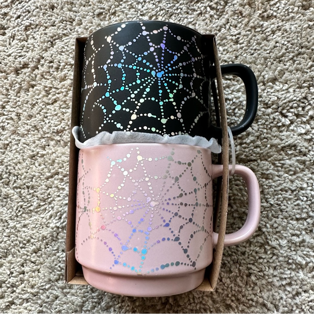 Set of Two Coffee / Tea Pink Black Mugs Holographic Spider Webs - Picture 6 of 7